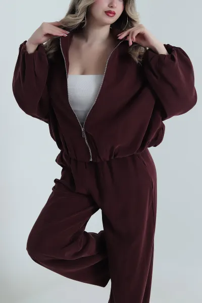 Bordo Tencel Gabardin Astarlı Kadın İkili Takım 490933