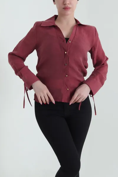 Bordo Tencel Kol Bağcıklı Kadın Gömlek 434190
