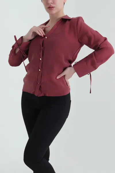 Bordo Tencel Kol Bağcıklı Kadın Gömlek 434190