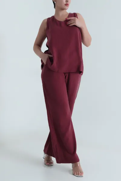 Bordo Tencel V Yaka Kadın İkili Takım 475189