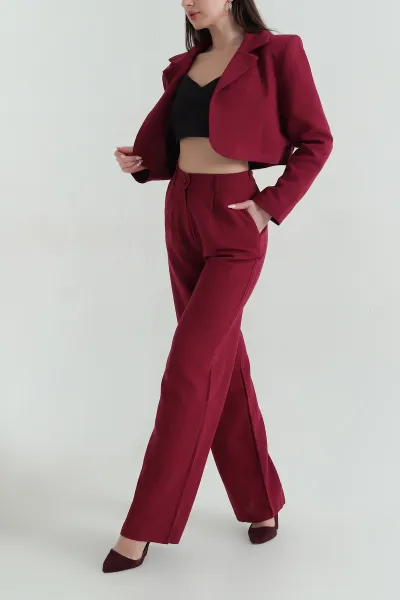 Bordo Terni Crop Ceket Pantolon Kadın İkili Takım 351610
