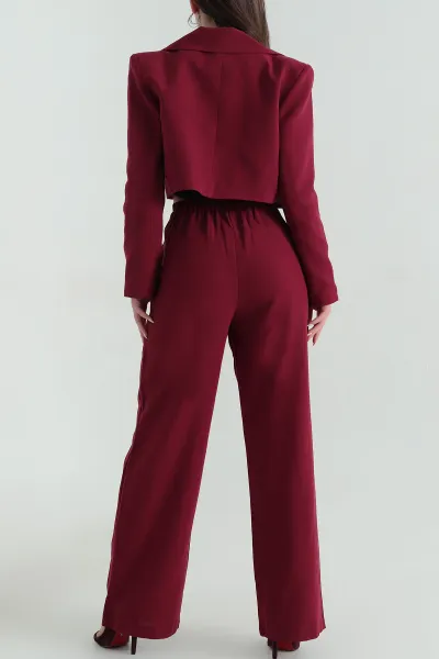 Bordo Terni Crop Ceket Pantolon Kadın İkili Takım 351610