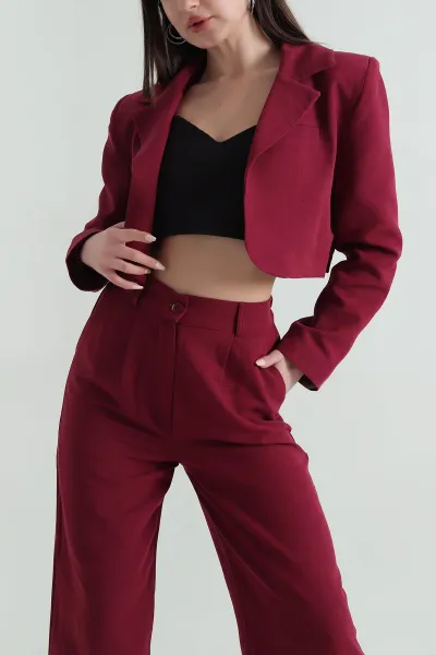 Bordo Terni Crop Ceket Pantolon Kadın İkili Takım 351610