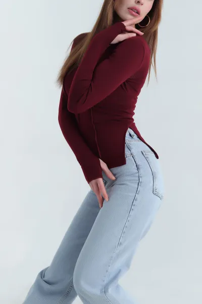 Bordo Ters Dikiş Parçalı Parmak Geçmeli Bluz 338706