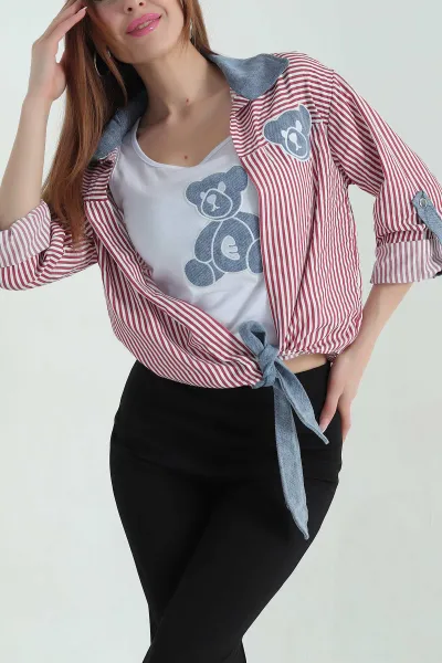 Bordo Tişört Gömlek Nakış Detay Kadın İkili Takım 357306