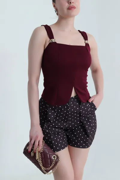 Bordo Toka Detay Kolsuz Kadın Bluz 466259