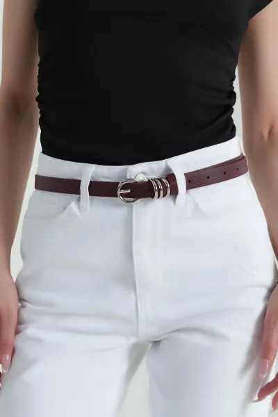 Bordo Gümüş Toka Detaylı Kadın İnce Kemer 374308