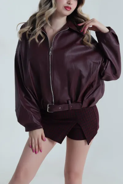 Bordo Tokalı Bomber Kadın Deri Mont 485075