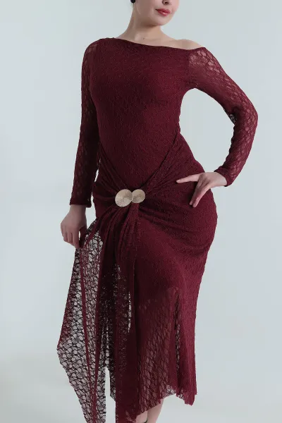 Bordo Tokalı Dantelli Kadın Elbise 495045