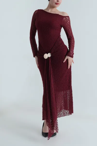 Bordo Tokalı Dantelli Kadın Elbise 495045