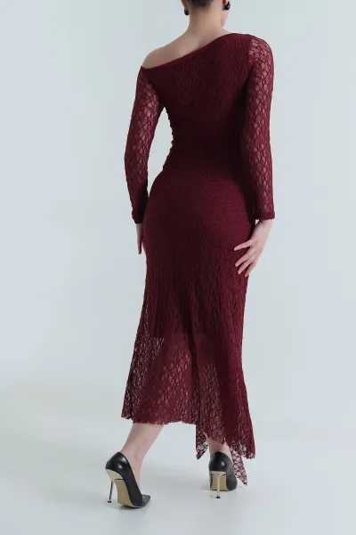 Bordo Tokalı Dantelli Kadın Elbise 495045