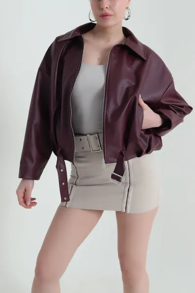 Bordo Tokalı Deri Kadın Mont 437313