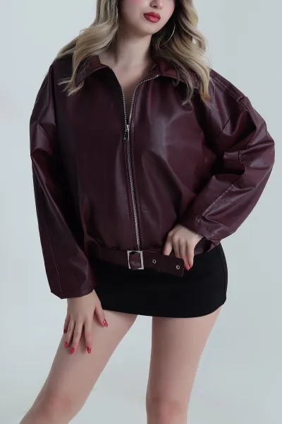Bordo Tokalı Deri Kadın Mont 486014