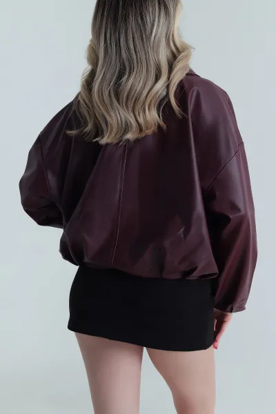 Bordo Tokalı Deri Kadın Mont 486014