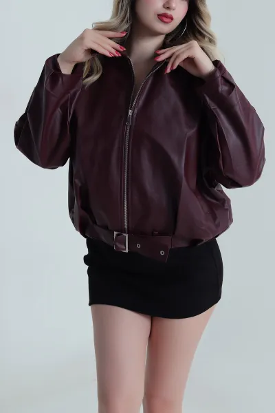 Bordo Tokalı Deri Kadın Mont 486014