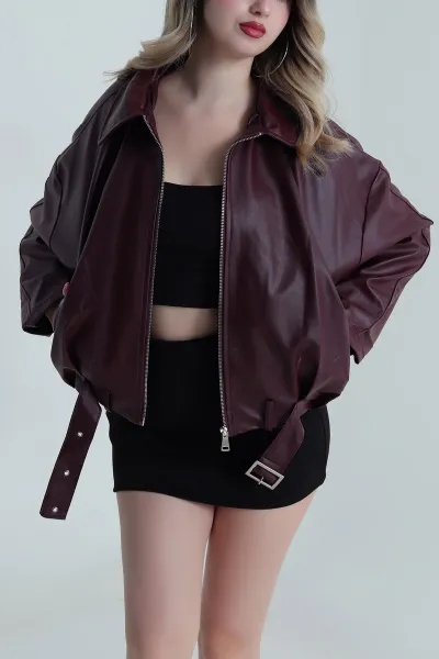 Bordo Tokalı Deri Kadın Mont 486014