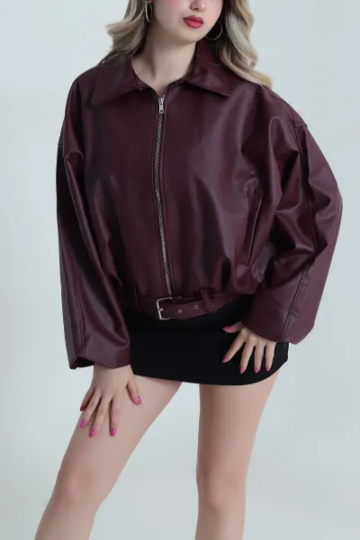Bordo Tokalı Kadın Deri Mont 483939