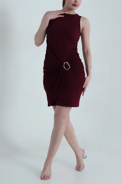 Bordo Tokalı Kolsuz Kristal Kadın Elbise 458383