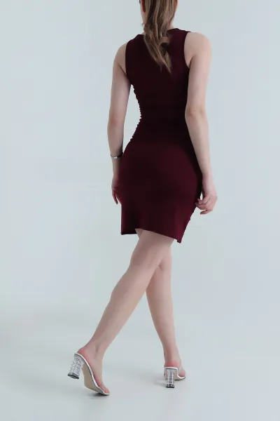 Bordo Tokalı Kolsuz Kristal Kadın Elbise 458383