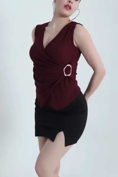 Bordo Tokalı Kolsuz Ottoman Kadın Bluz 438125