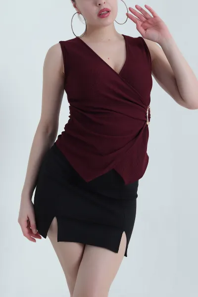Bordo Tokalı Kolsuz Ottoman Kadın Bluz 438125