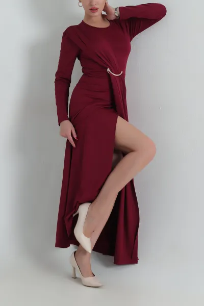 Bordo Tokalı Likralı Modal Kadın Elbise 414848