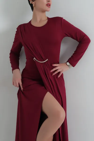 Bordo Tokalı Likralı Modal Kadın Elbise 414848