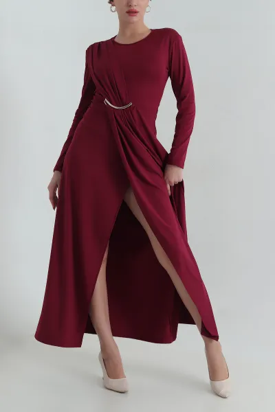 Bordo Tokalı Likralı Modal Kadın Elbise 414848