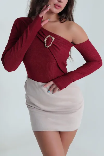Bordo Tokalı Parmak Geçmeli Kadın Bluz 484617
