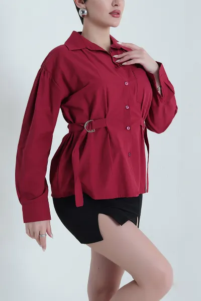 Bordo Tokalı Terikoton Kadın Gömlek 443885
