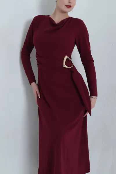 Bordo Tokalı Vatkalı Scuba Crep Kadın Elbise 491872