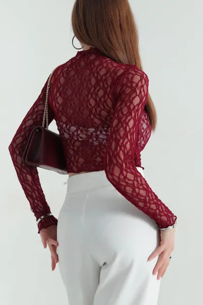 Bordo Transparan Dantelli Kadın Bluz 354164