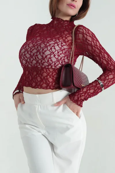 Bordo Transparan Dantelli Kadın Bluz 354164