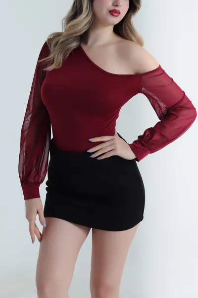 Bordo Transparan Kollu Sandy Kadın Bluz 495937