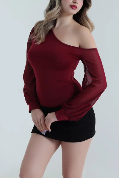 Bordo Transparan Kollu Sandy Kadın Bluz 495937
