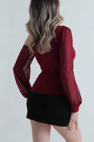 Bordo Transparan Kollu Sandy Kadın Bluz 495937