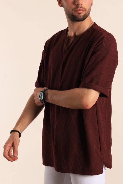 Bordo Triko Dokulu Oversize Erkek Tişört 187786