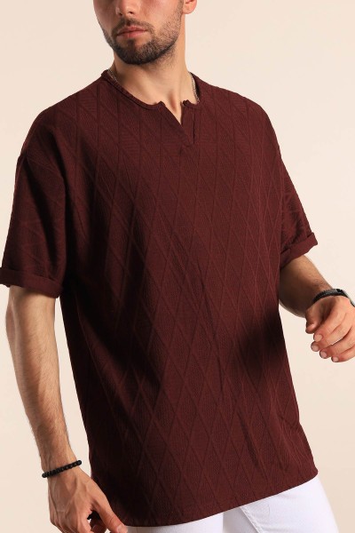 Bordo Triko Dokulu Oversize Erkek Tişört 187786