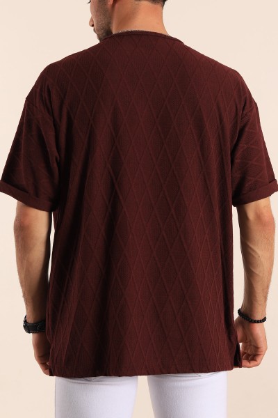 Bordo Triko Dokulu Oversize Erkek Tişört 187786