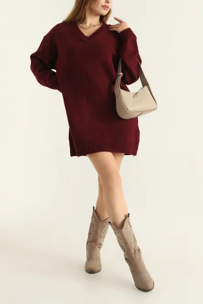 Bordo Triko V Yaka Espirili Elbise 305357