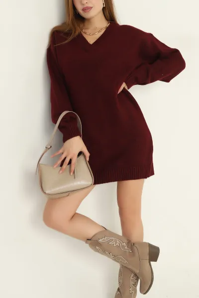 Bordo Triko V Yaka Espirili Elbise 305357