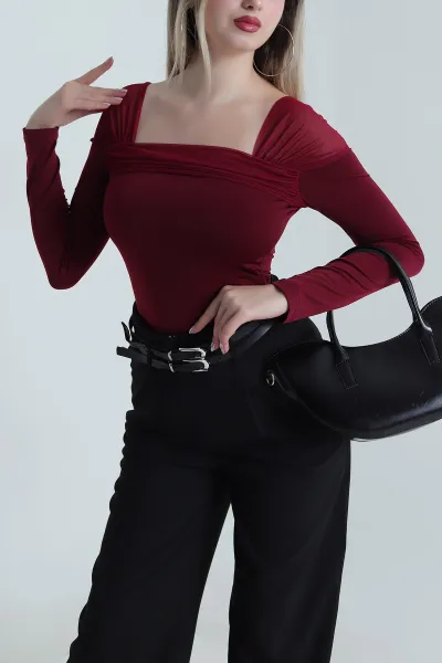 Bordo Tül Detay Sandy Kadın Bluz 489878