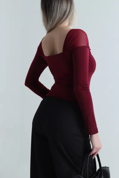 Bordo Tül Detay Sandy Kadın Bluz 489878