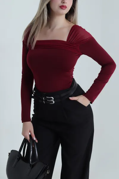 Bordo Tül Detay Sandy Kadın Bluz 489878
