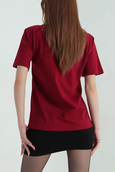 Bordo Tül Fiyonk Detay Kadın Tişört 357203