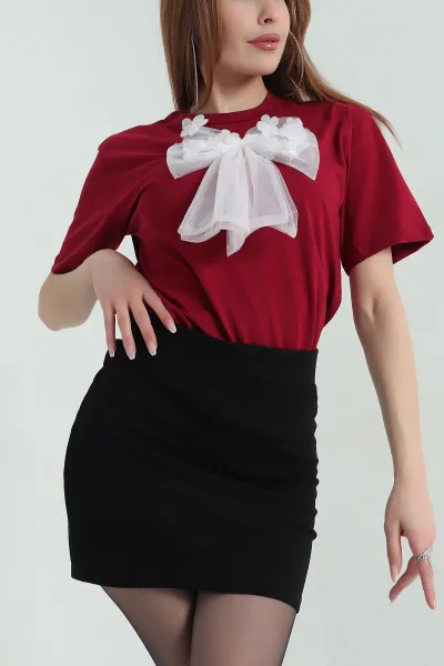 Bordo Tül Fiyonk Detay Kadın Tişört 357203