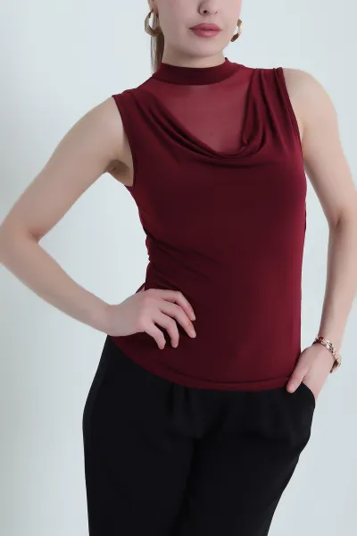 Bordo Tül Garnili Kolsuz Sandy Kadın Bluz 440542
