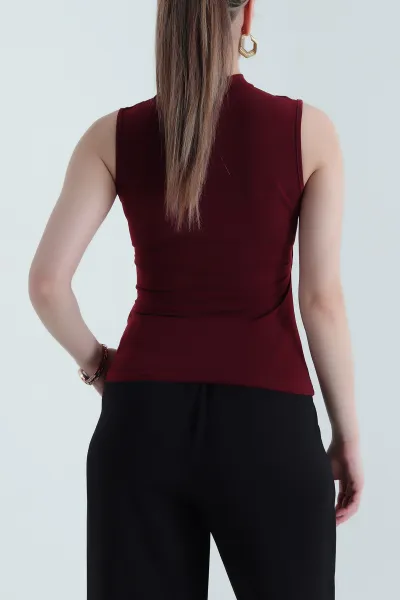 Bordo Tül Garnili Kolsuz Sandy Kadın Bluz 440542
