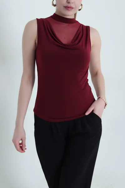 Bordo Tül Garnili Kolsuz Sandy Kadın Bluz 440542