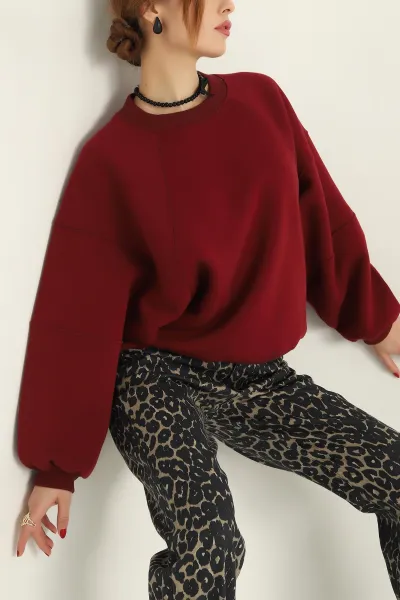 Bordo Üç İp Şardonlu Bayan Sweat 313211